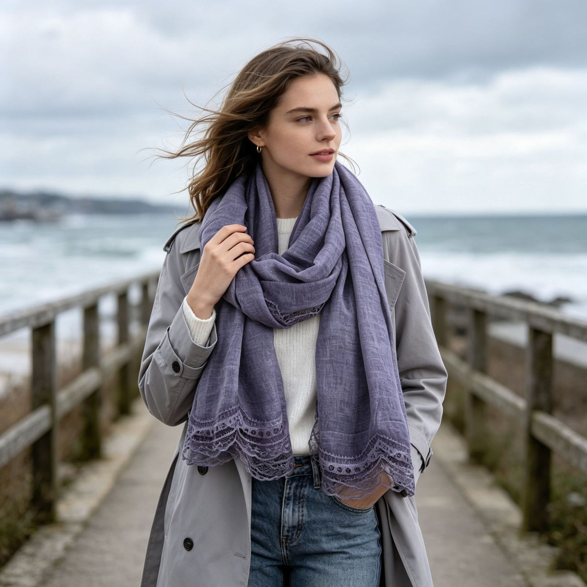 VELYORA — Étole en coton bordée de dentelle – Femme, photographie du produit