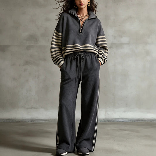 VELYORA — Ensemble sweat rayé zippé et pantalon large, photographie du produit